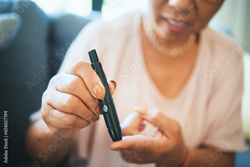 Pen, hands and person does glucose test, check for diabetes with medicine and prescription healthcare. Health, wellness and medical care with chronic disease, monitor and insulin management at home photo