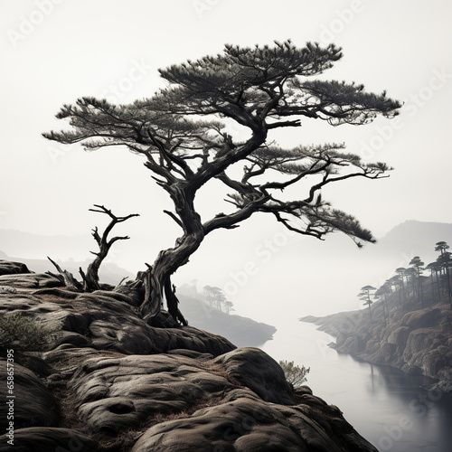 pine tree on a mountain,illustration of a tree,Traditional Chinese Black and White Ink Painting of a Tree,Lone Sentinel: A Coniferous Tree in a Mountainous Landscape