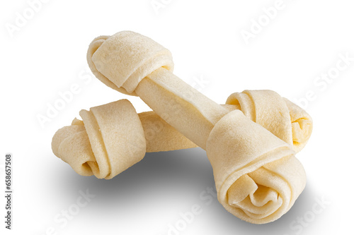 High angle view of two artificial bones for dog isolated on white background with clipping path.