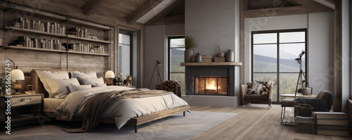 Modern loft style bedroom. Rooms with wooden floors decorate with fabric bed. © Michal