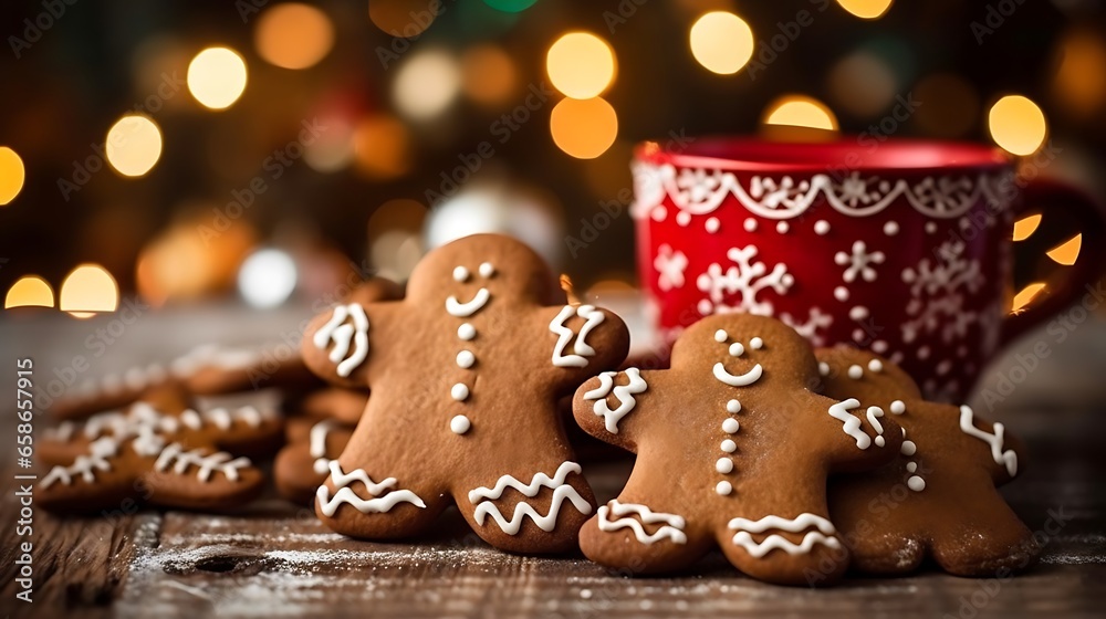 Christmas backgrounds gingerbread cookies and hot chocolate shot on a rustic wooden table with a blurred bokeh background. Gingerbread Christmas cookie lights.