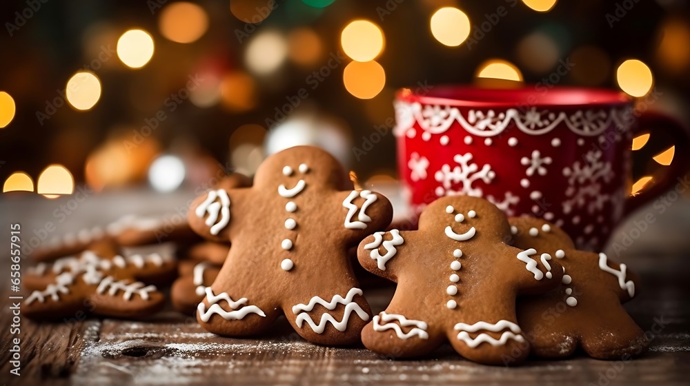 Christmas backgrounds gingerbread cookies and hot chocolate shot on a rustic wooden table with a blurred bokeh background. Gingerbread Christmas cookie lights. Christmas backgrounds gingerbread cookies and hot chocolate shot on a rustic wooden table with a blurred bokeh background. Gingerbread Christmas cookie lights.