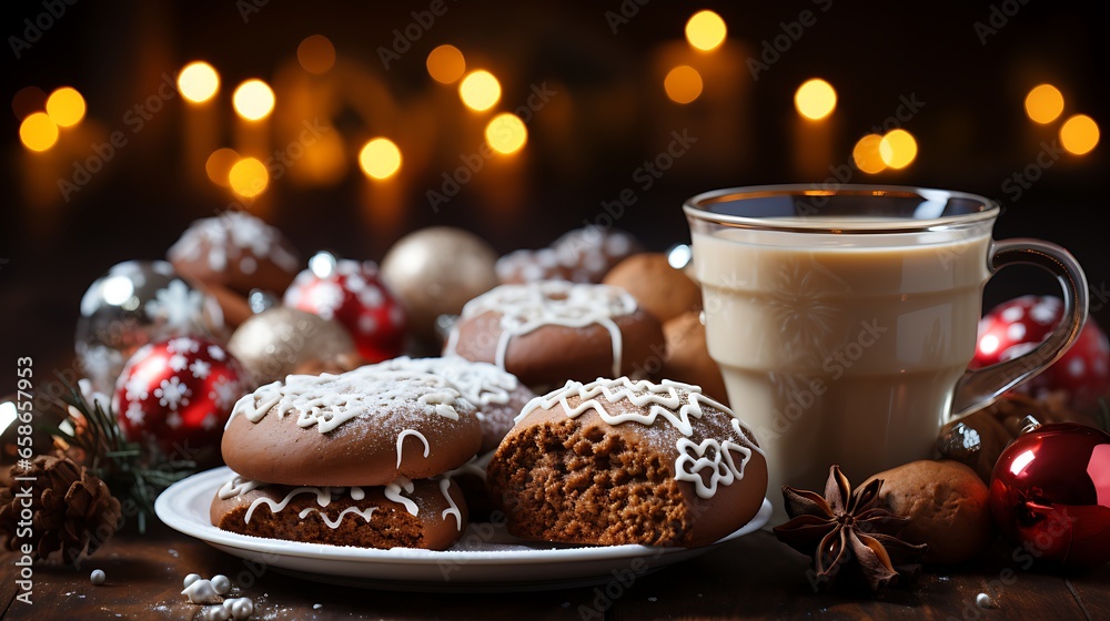 Christmas backgrounds gingerbread cookies and hot chocolate shot on a rustic wooden table with a blurred bokeh background. Gingerbread Christmas cookie lights. Christmas backgrounds gingerbread cookies and hot chocolate shot on a rustic wooden table with a blurred bokeh background. Gingerbread Christmas cookie lights.