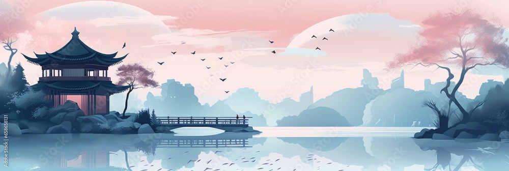 Obraz premium illustration of ancient Chinese building with a fairyland, generative AI