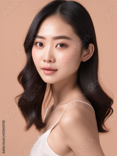 portrait of a beautiful asian woman on peach background
