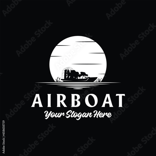 Sunset or Night Moon Lake River Creek Swamp with Airboat Silhouette Illustration Logo Design