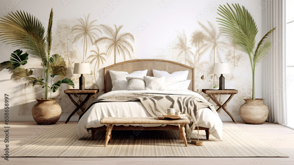 Obraz na płótnie A serene and inviting bedroom with a coastal-inspired design w salonie