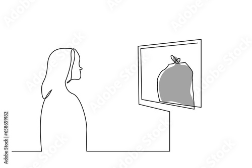 woman looking in the mirror bad feeling psychological unhappy life line art design