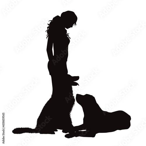 Vector silhouettes of girl with her dogs on white background. Symbol of pets and canine.