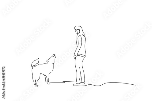 young woman with dog active outdoor life lifestyle full body length line art design