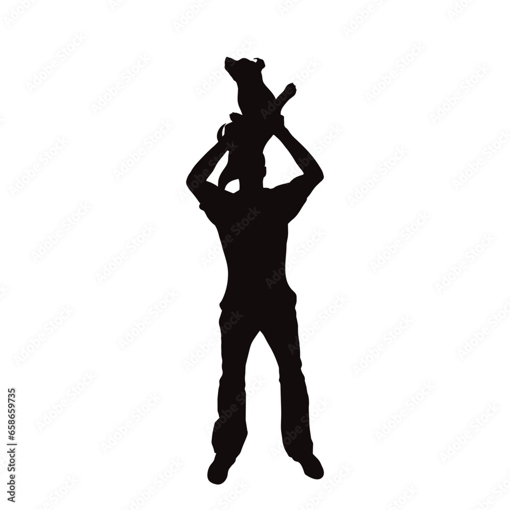 Vector silhouettes of boy playing with his dog on white background. Symbol of pet and canine.