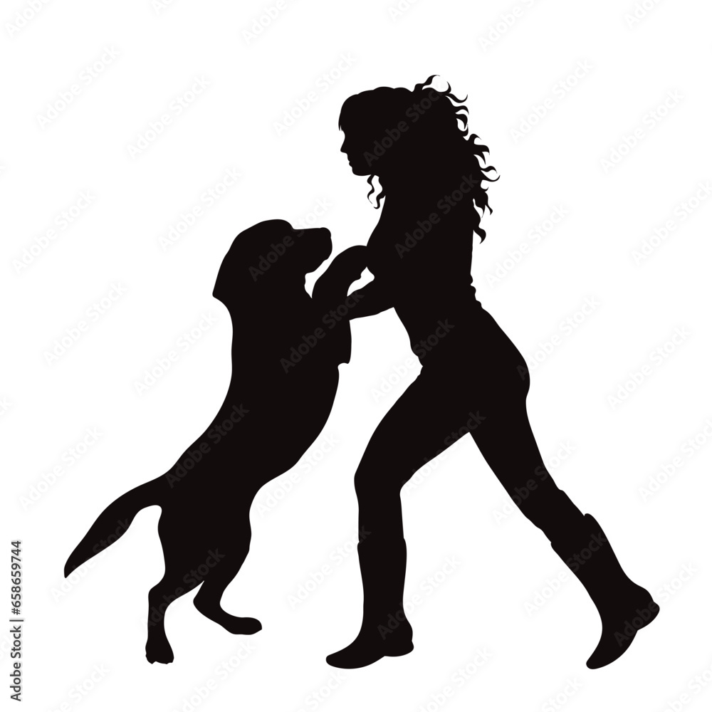 Vector silhouettes of girl with her dog on white background. Symbol of pet and canine.