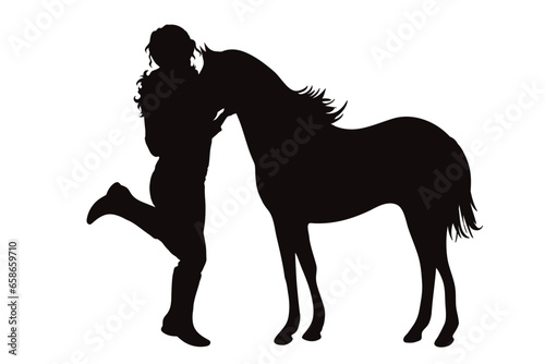 Vector silhouettes of girl with her foal on white background. Symbol of farm.
