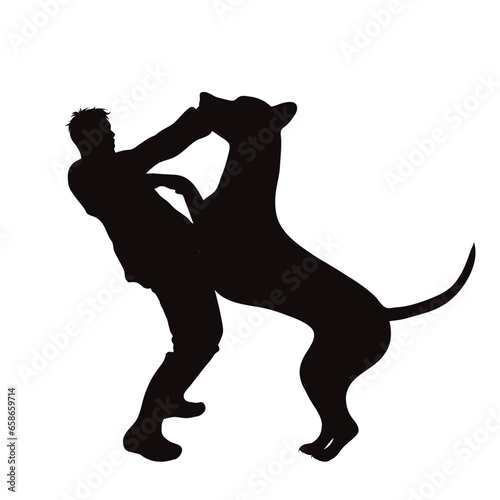 Vector silhouettes of boy playing with his dog on white background. Symbol of pet and canine.