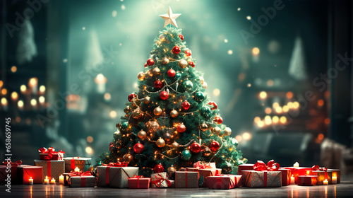 A huge Christmas tree with bright lights and presents, christmas and new year holidays concept with copy space