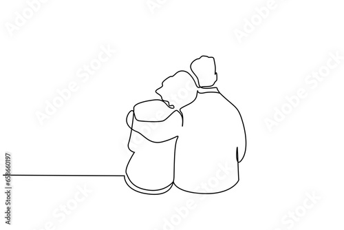 couple in love hugging sitting outside happy moment back view line art design