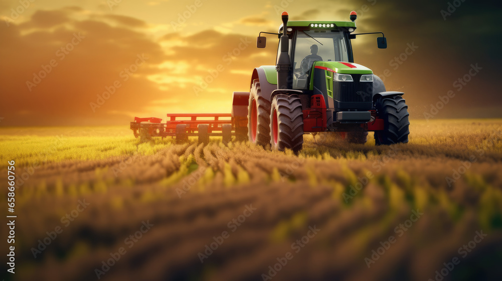 Tractor in field, warm sunset light Tractor in field, warm sunset light