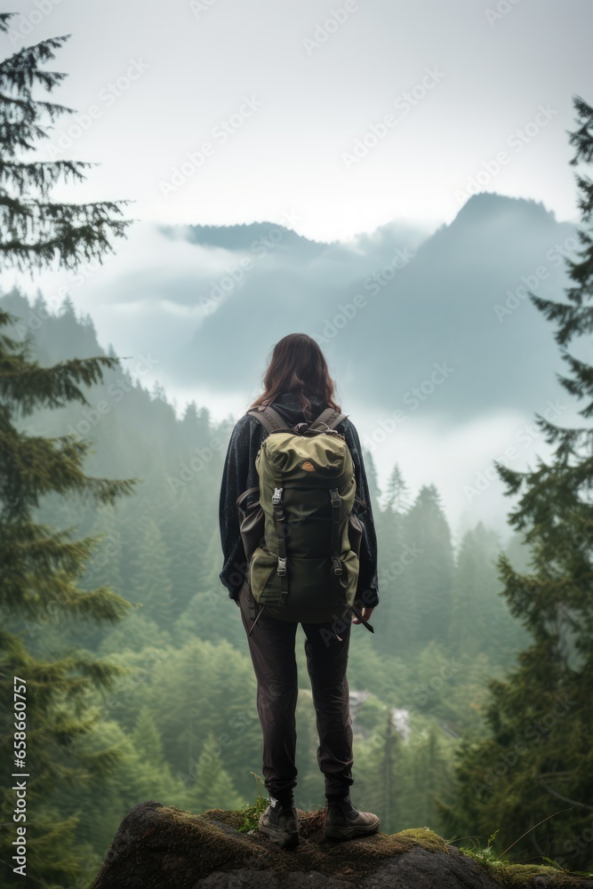 A woman enjoys the view of the summer mountains while on a mountain peak. Contemplation of nature alone with your thoughts. Slow life and hiking concept. Offline and digital detox.