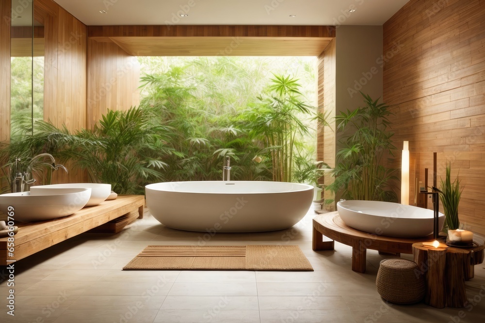 Tranquil Zen-Inspired Bathroom Interior Design Oasis with Natural Wood and Stone Accents, AI Generated Tranquil Zen-Inspired Bathroom Interior Design Oasis with Natural Wood and Stone Accents, AI Generated