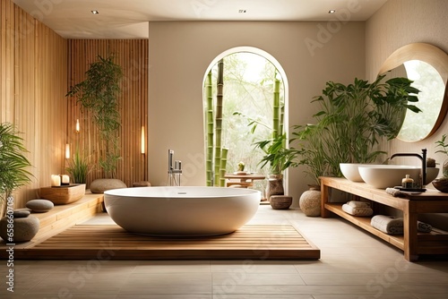 Tranquil Zen-Inspired Bathroom Interior Design Oasis with Natural Wood and Stone Accents  AI Generated