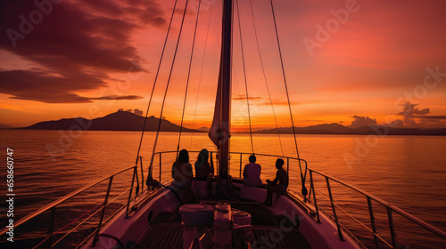 Freinds relaxing on modern yacht at sunset