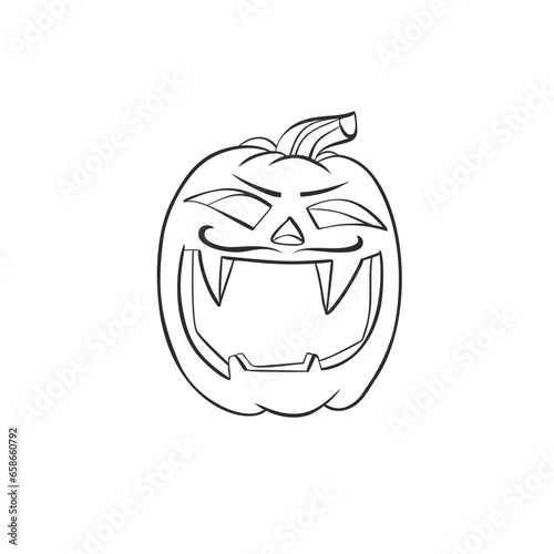 Hand drawn vector abstract graphic,black , line art Jack O lantern happy Halloween pumpkin face outline isolated. Halloween Character outline autumn design concept. Scary horror Halloween symbol icon.