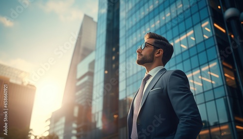 A businessperson stands and looking at the sky, with a business building in the background.
