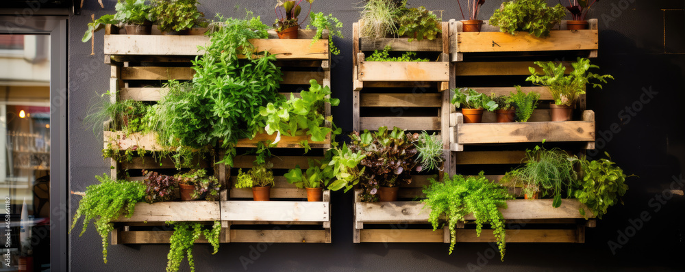 Old pallets with hanging green plants,