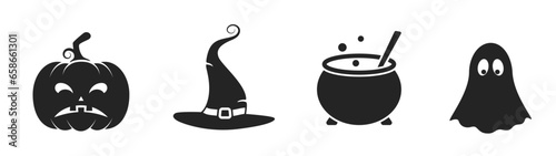 halloween icon set. jack o lantern, ghost, witch hat and cauldron symbols for web design
