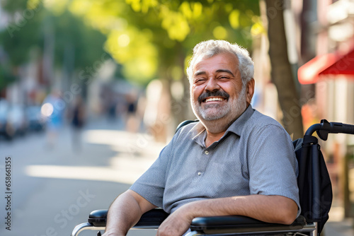 Inclusive urban serenity: smiling senior in wheelchair