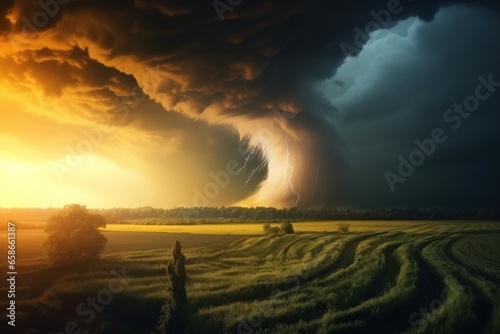 Tornado raging over a landscape. Storm over cornfield. Super cell wall cloud moving over the rural landscape during severe storm tornado warning.
