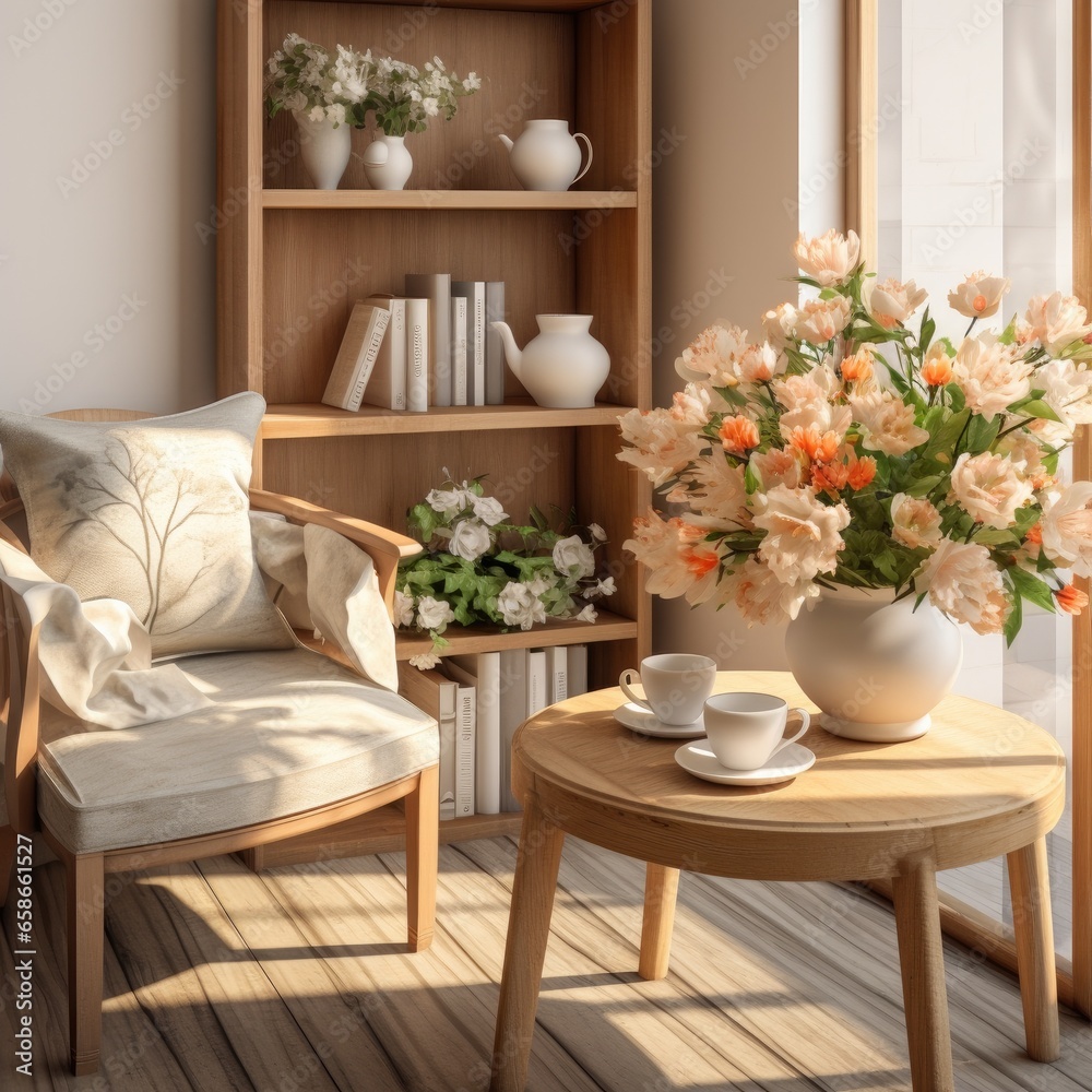 Hot tea in a cup ready on the table. Cups and teapot ready for tea. Generative AI.