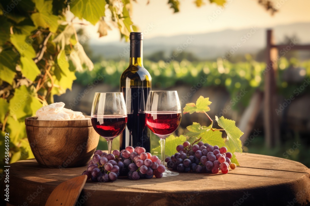 Sunset over the vineyard. Exquisite taste wine for your romantic evening. Ripe red grapes. A bottle of wine with poured glasses stands on a wooden barrel.