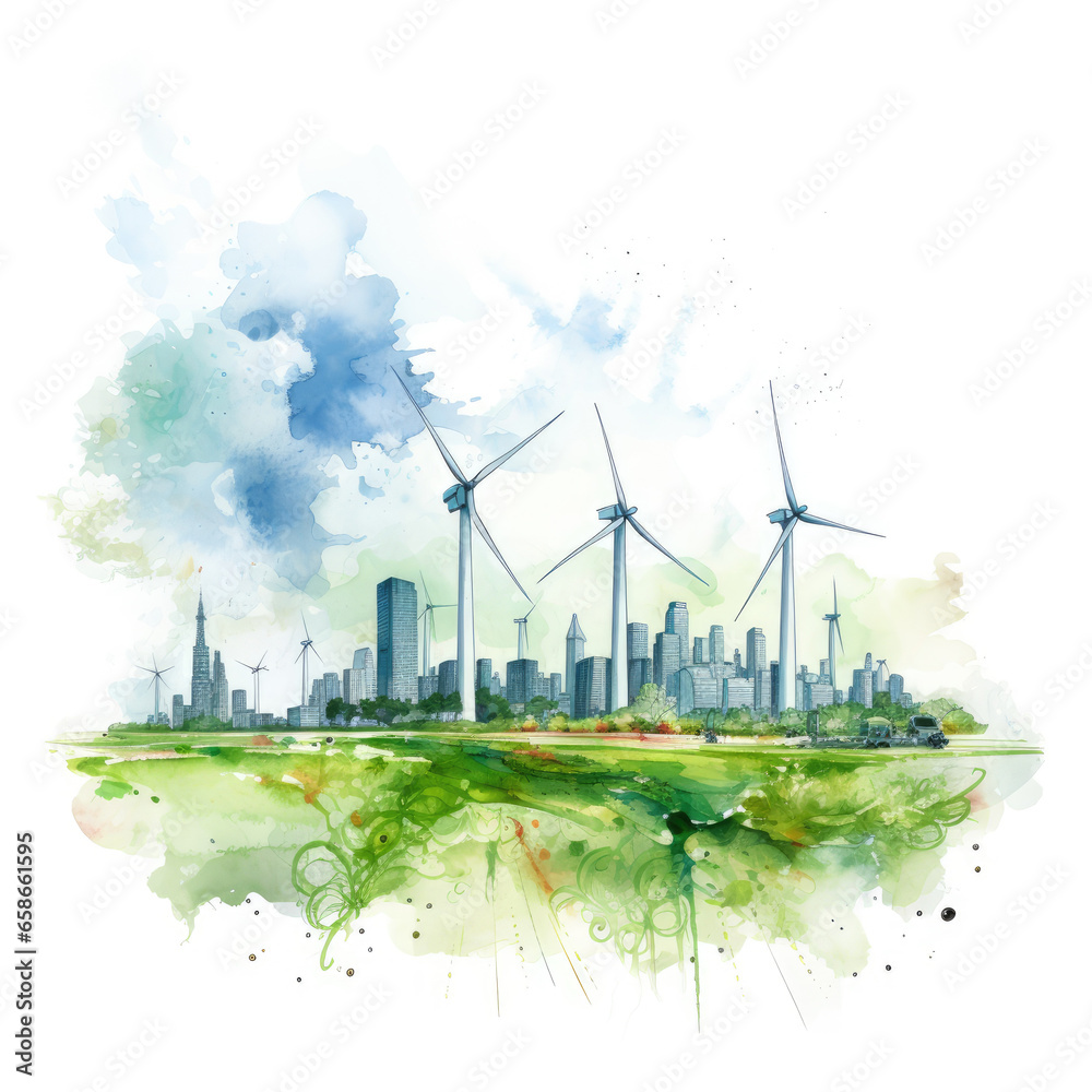 Green city with ecological infrastructure. Wind turbines on a grass field, watercolor illustration, green eco city, future natural energy city. Place for text