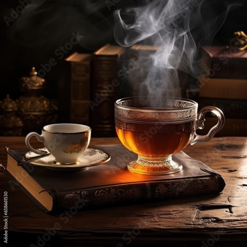 Hot tea in a steaming cup placed on a book. Generative AI.
