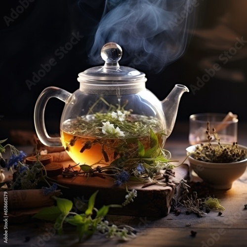 A teapot filled with hot tea and herbs placed on the table. Generative AI.