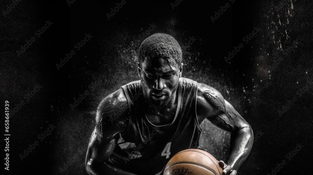 Fictitious African American athlete plays basketball in the rain black and white photo for advertising AI generative - obrazy, fototapety, plakaty 