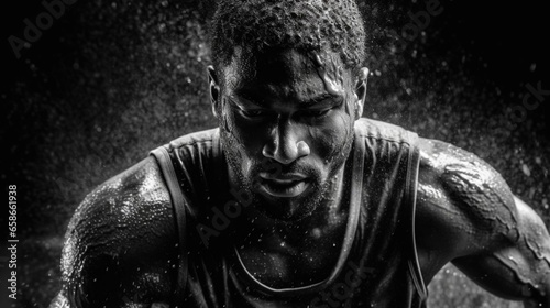 Fictitious African American athlete plays basketball in the rain close-up black and white photo for advertising AI generative © Jordan