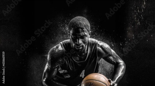 Fictitious African American athlete plays basketball in the rain black and white photo for advertising AI generative © Jordan