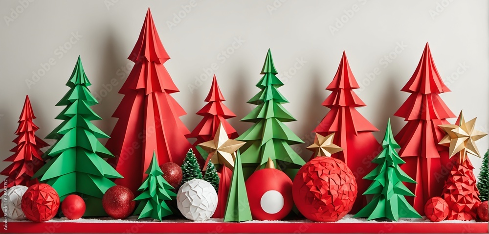Fototapeta premium Paper mache christmas decoration on white background. Christmas trees and ornaments.