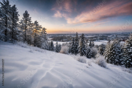 Beautiful snowy winter landscape in the countryside, cold season wallpaper © staras