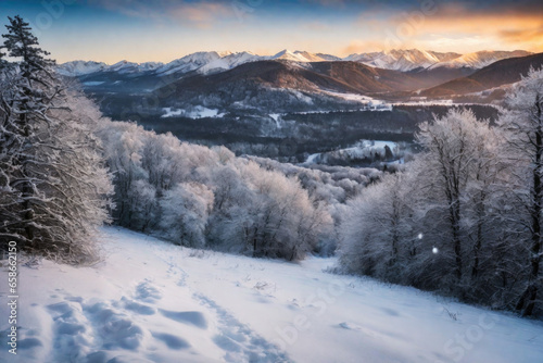 Beautiful snowy winter landscape in the countryside, cold season wallpaper © staras