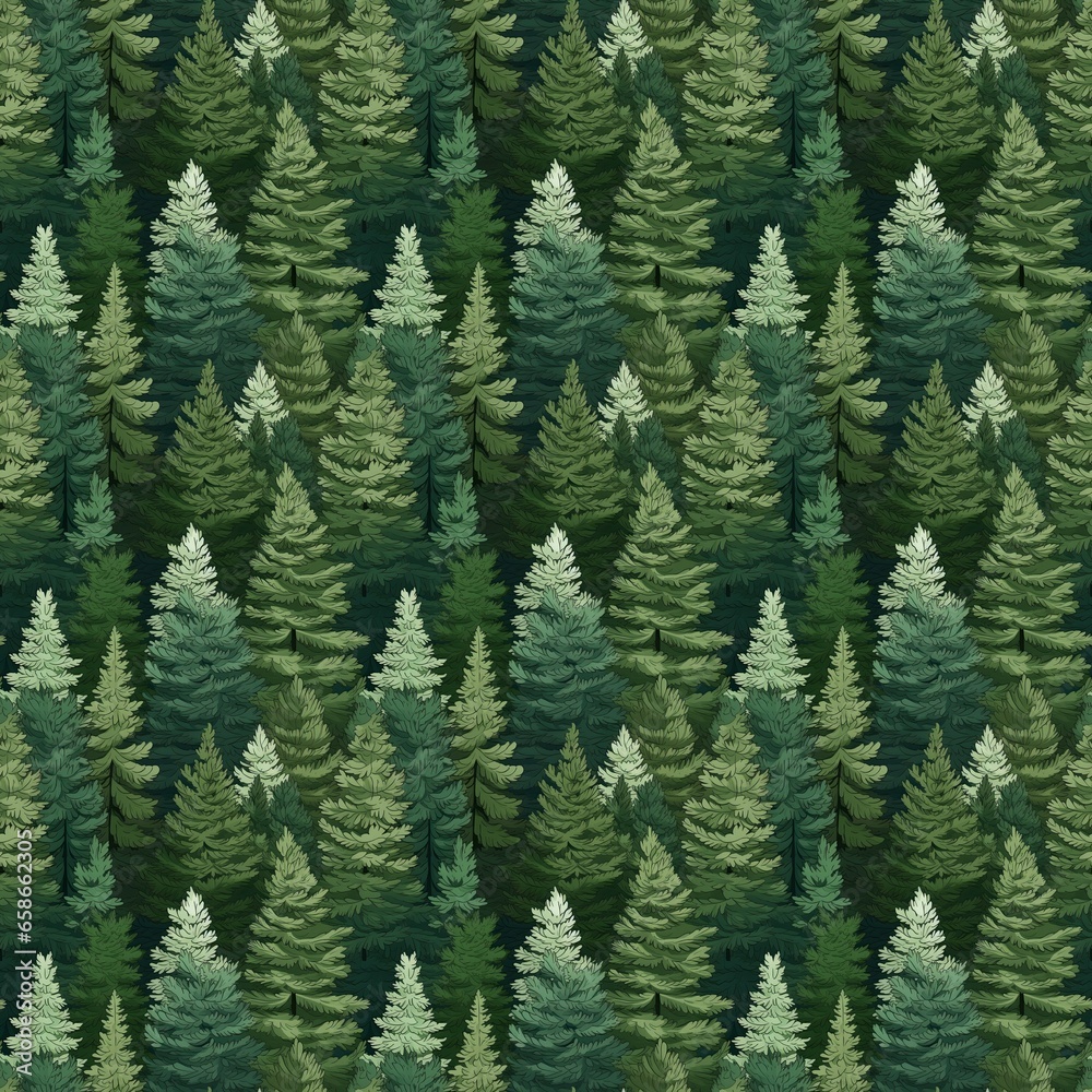 Evergreen, coniferous pine background. Repetitive tile pattern of Christmas trees in green shades. Winterly season background.