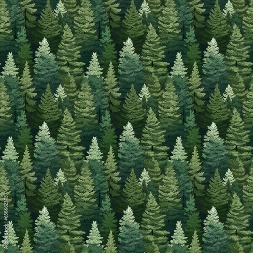 Evergreen, coniferous pine background. Repetitive tile pattern of Christmas trees in green shades. Winterly season background.