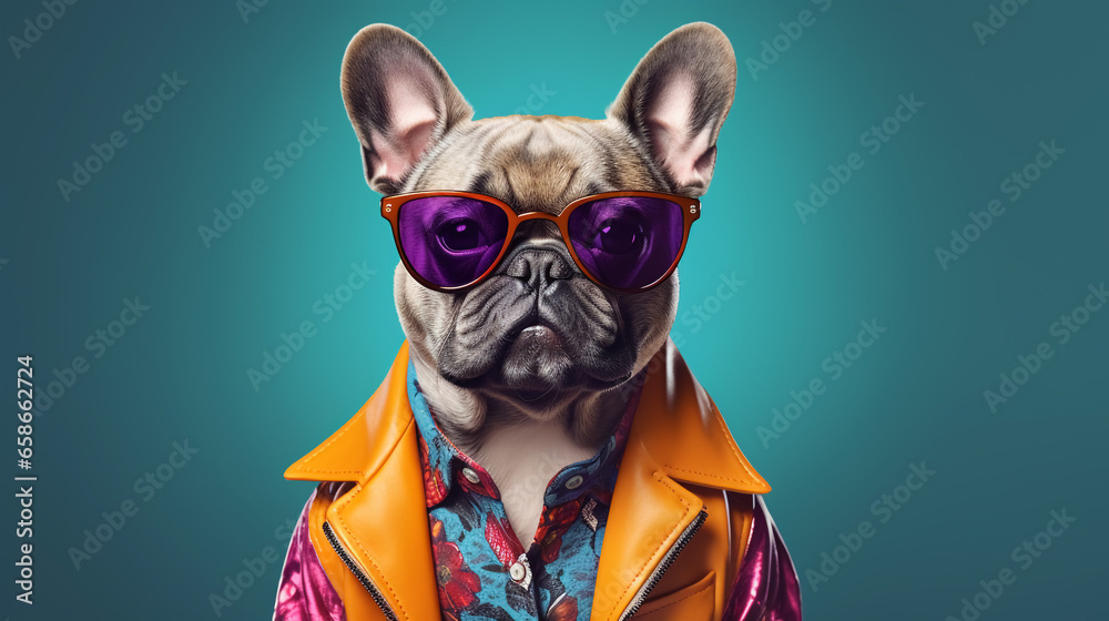 French bulldog wearing funky fashion dress. Dog posing as stylish model.