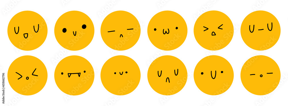 Smiley face emotion cartoon face vector illustration stickers collection set different faces and emotions in yellow black colour icon symbol on isolated background Smiley face emotion cartoon face vector illustration stickers collection set different faces and emotions in yellow black colour icon symbol on isolated background