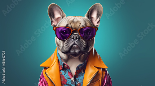French bulldog wearing funky fashion dress. Dog posing as stylish model. © Melipo-Art