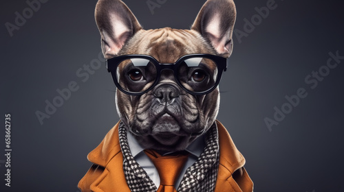 French bulldog wearing funky fashion dress. Dog posing as stylish model.