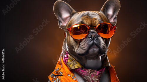 French bulldog wearing funky fashion dress. Dog posing as stylish model.