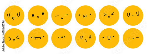 Smiley face emotion cartoon face vector illustration stickers  collection set different faces and emotions in yellow black colour icon symbol on isolated background